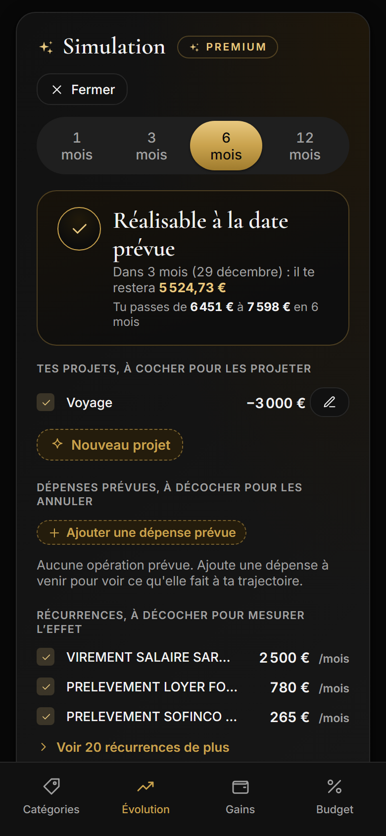 Studio de simulation sur téléphone : verdict « Réalisable à la date prévue », projet Voyage actif, récurrences